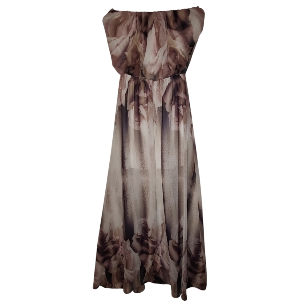 Anthropologie fab'rik Cream And Plum Floral Strapless Chiffon Maxi Dress - Picture 2 of 4